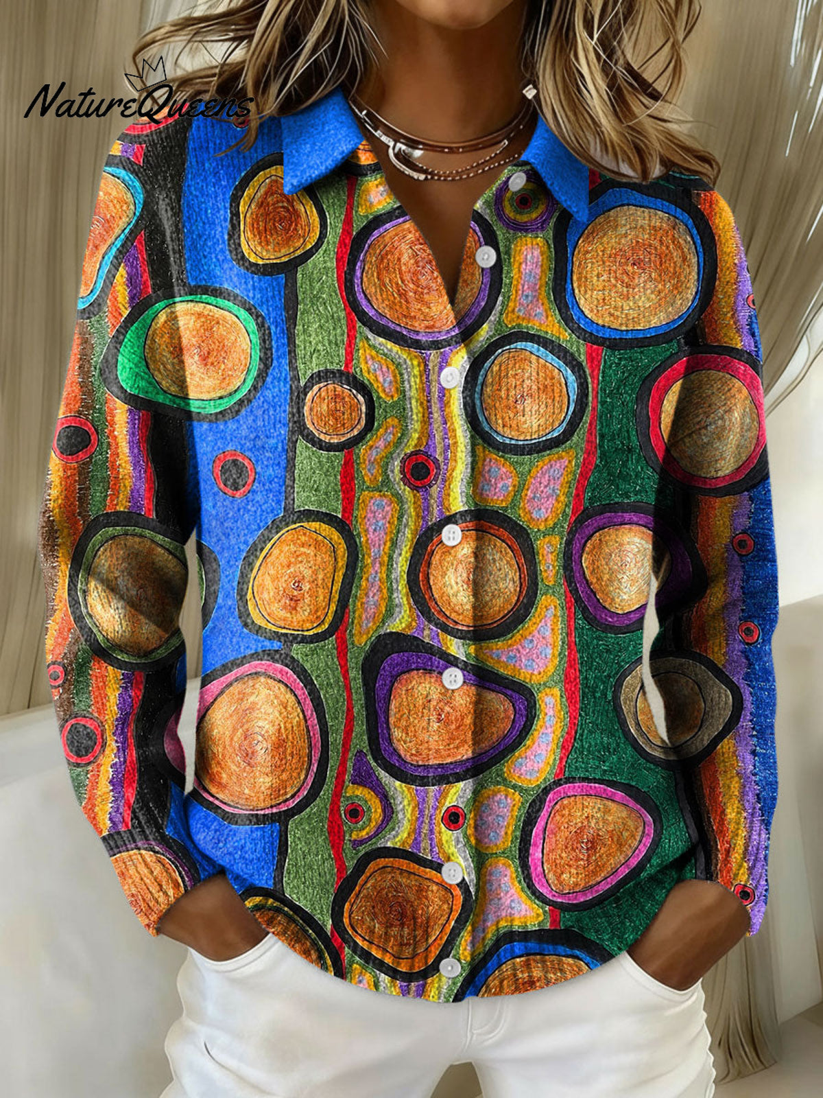 Women's Retro Patchwork Geometric Abstract Pattern Art Print Cowl Neck Sweater