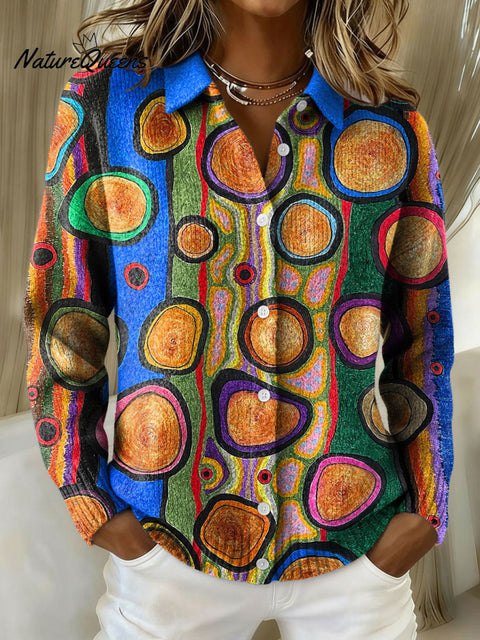 Women's Retro Patchwork Geometric Abstract Pattern Art Print Cowl Neck Sweater