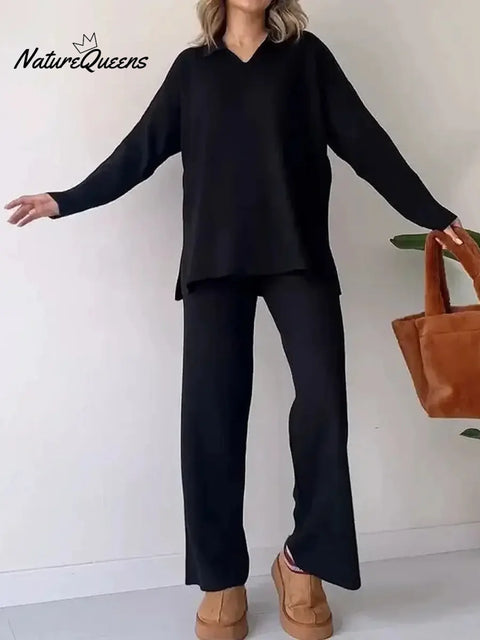 Women's Solid Color V-Neck Long Sleeve Casual Loose Knit Top and High Waist Knit Wide Leg Pants Set