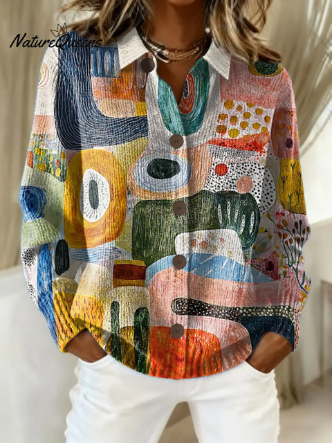 Women's Abstract Pattern Art Print Casual Cotton Knitted Sweater