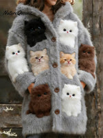 Women's Funny Cats Pattern Art Print Casual Fleece Coat