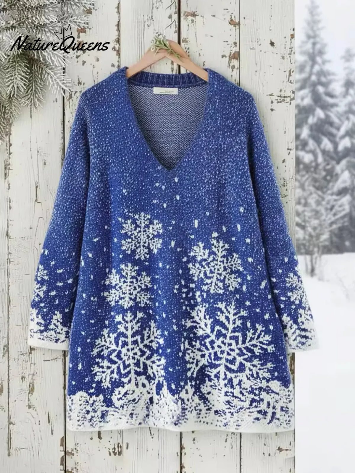 Blue Snowy Night V-neck Loose-fitting Sweater