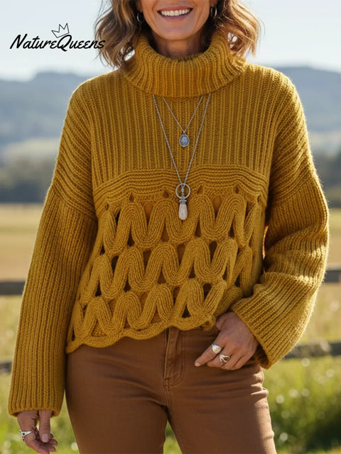 Retro High-neck Cable Knit Openwork Sweater