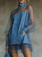 Fashionable Patchwork Organza Denim Mini Dress