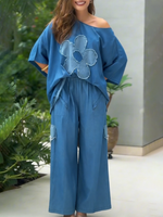 Casual Pocketed Denim Wide-leg Pants