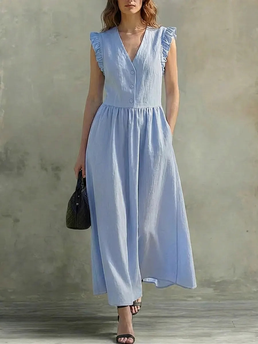 Women's Solid Color Ruffled Art Casual Fashion Cozy Cotton Linen Dress