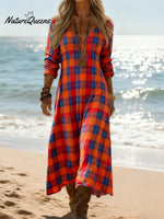 Women's Vintage Plaid Pattern Art Print Casual Cotton Dress