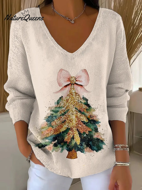 Women's Christmas Tree Pattern Art Print Casual V-Neck Sweater