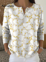 Cute Goose Print Buttoned Cardigan Sweater