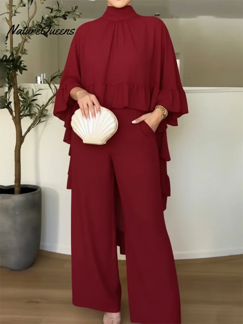 Flowy And Elegant Ruffled Shirt And Pants Two-piece Set