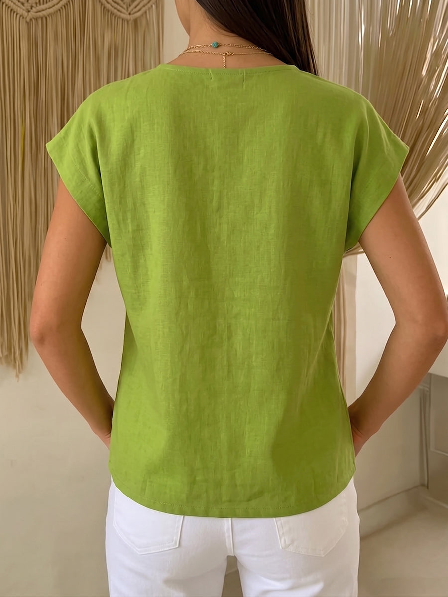 Casual Solid-color V-neck Cotton-linen Blouse
