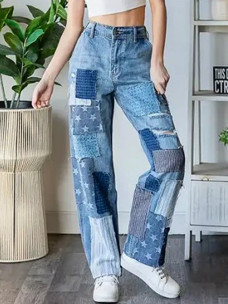 Women's Vintage Pattern Art Print Casual Cotton Denim Jeans