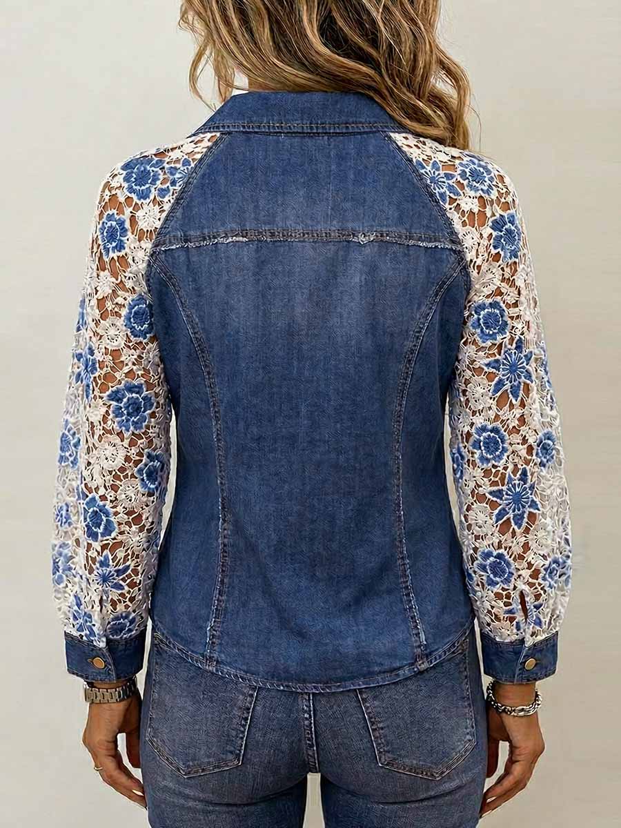 Women's Casual Loose-fit Long-sleeve Denim Patchwork Shirt With Collar