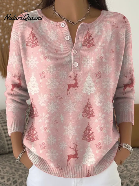 Women's Christmas Tree Deer Pattern Art Print Casual Cardigan Sweater