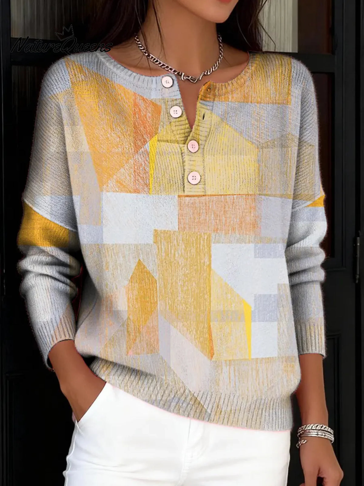 Women's Vintage Abstract Geometry Art Print Buttoned Cardigan Sweater