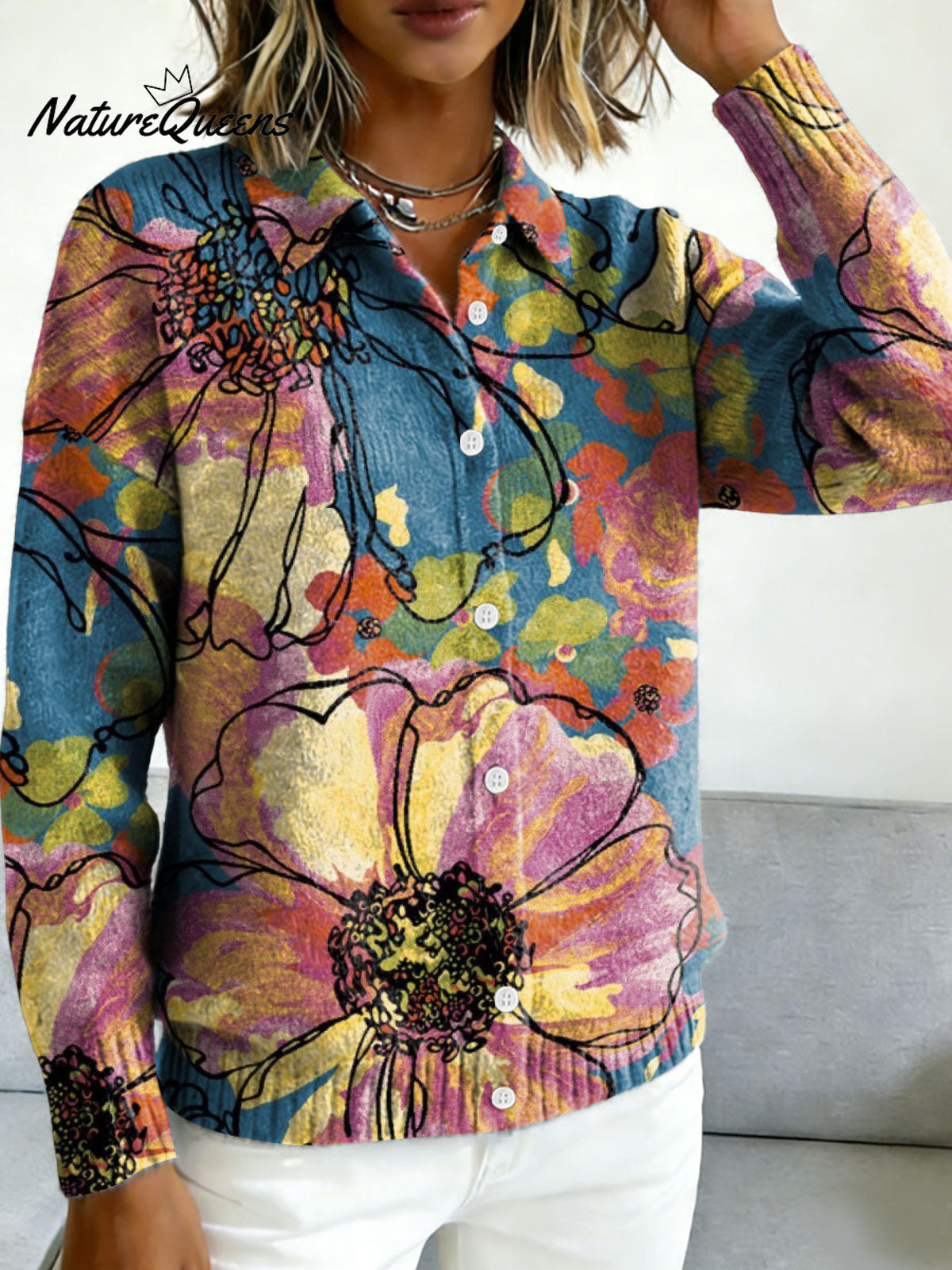 Elegant Large Floral Decorative Patterns Casual Shirt Collar Long Sleeve Sweater