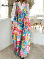 Women's Retro Splicing Colorful Flowers Floral Pattern Art Print Casual Cotton Denim Dress