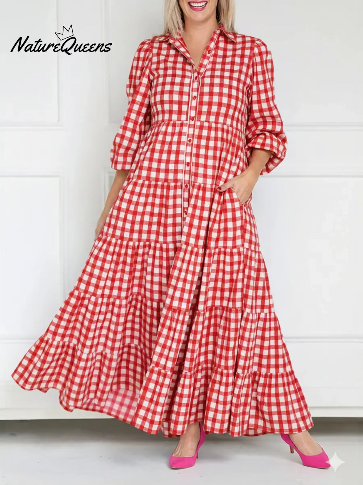Women's Plaid Long-sleeved Cotton Dress