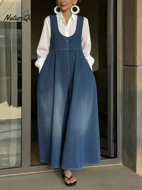 Women's U-neck Simple Sleeveless Casual Loose Denim Wide-leg Jumpsuit