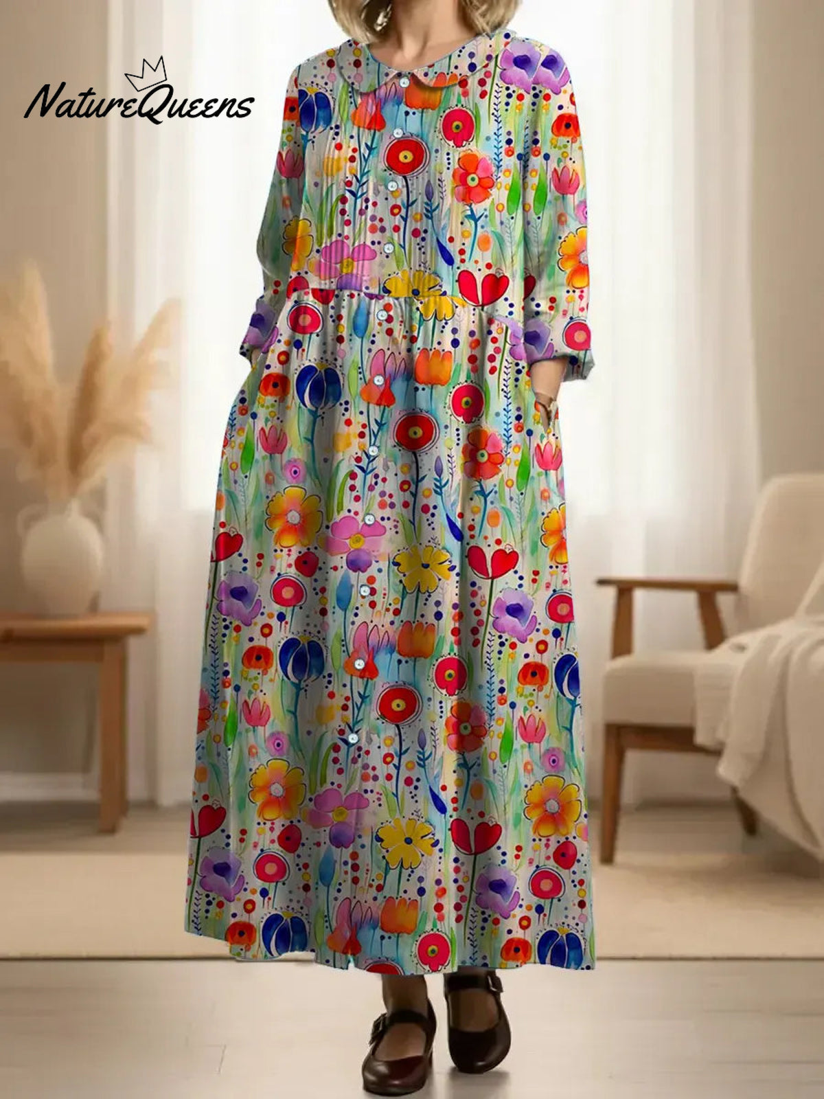 Women's Pleated RetroFloral Patterns Print Doll Collar Casual Long-sleeved Dress