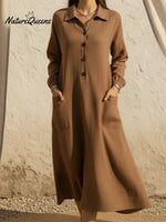 Women's Casual A-line Button Linen Shirt Dress