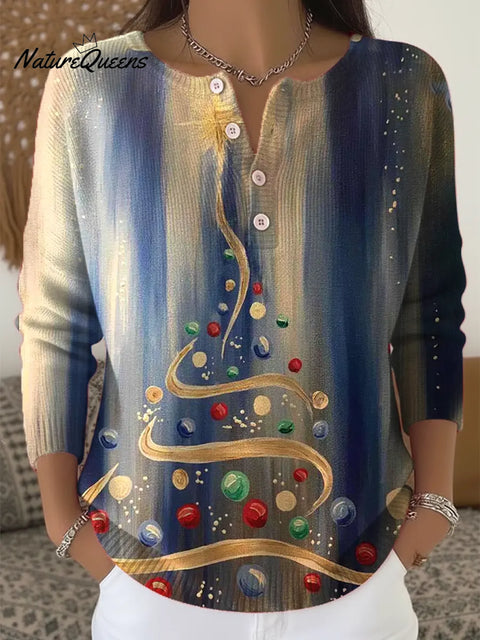 Christmas Tree Art Print Buttoned Cardigan Sweater