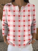 Checkered Heart Print Casual Valentine's Day Sweater