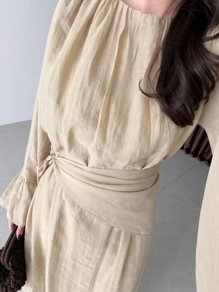 Women's Crew Neck Ruffled Flare-sleeve Midi Dress – Chiffon Dress With Waist Tie And Ruffle Details