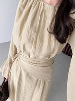 Women's Crew Neck Ruffled Flare-sleeve Midi Dress – Chiffon Dress With Waist Tie And Ruffle Details