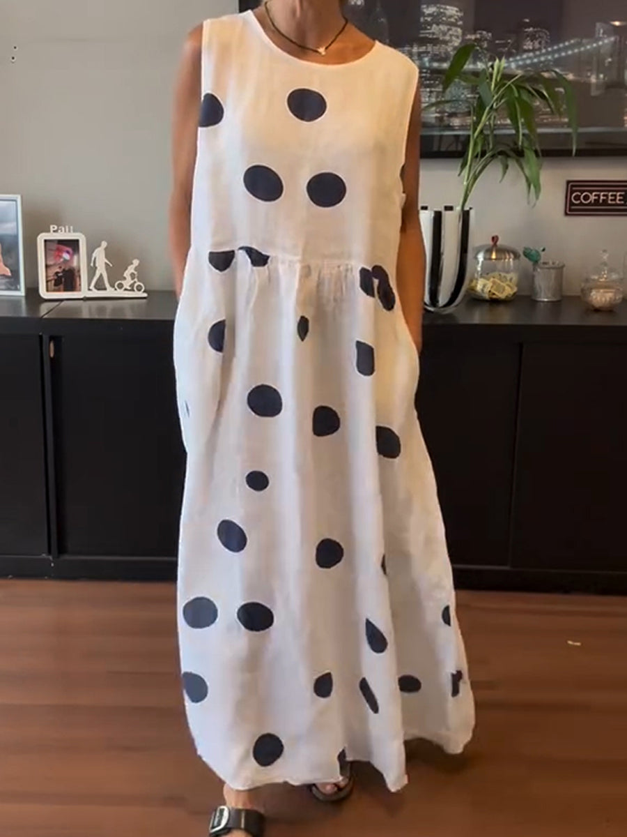 Women's Polka Dot Sleeveless Round Neck Long Dress