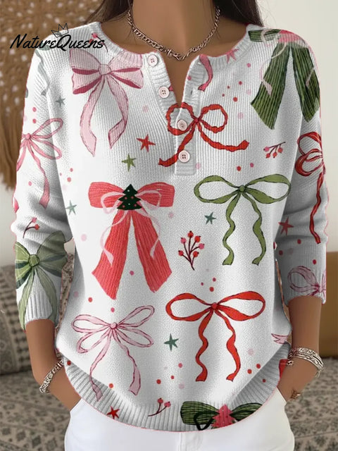 Women's Christmas Bow Art Print Casual Buttoned Cardigan Sweater