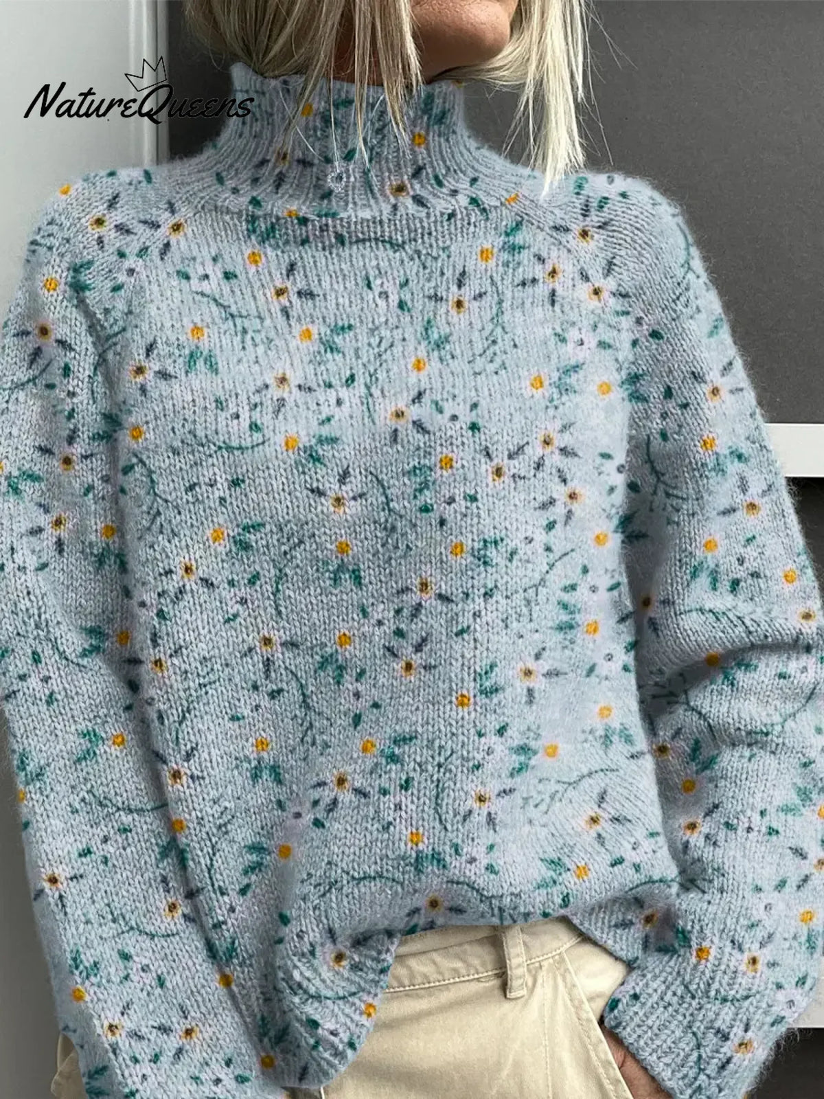 Women's Floral Pattern Art Print Casual Turtleneck Sweater