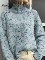 Women's Floral Pattern Art Print Casual Turtleneck Sweater