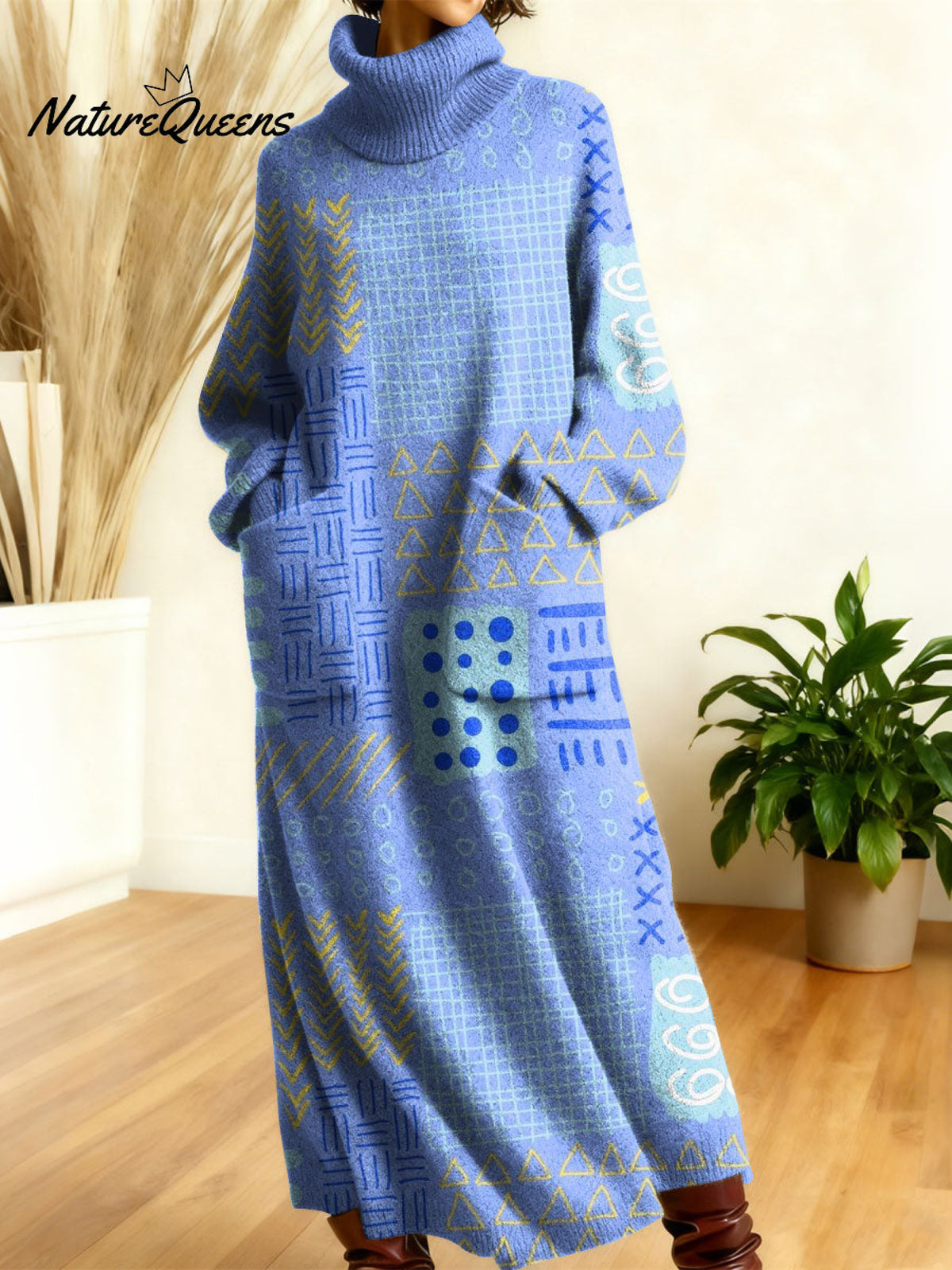 Women's Retro Geometry Abstraction Color Gradient High-neck Long-sleeve Casual Loose Knit Dress