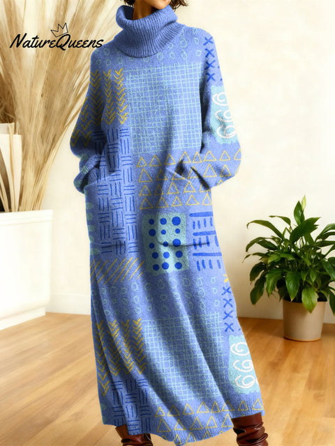 Women's Retro Geometry Abstraction Color Gradient High-neck Long-sleeve Casual Loose Knit Dress