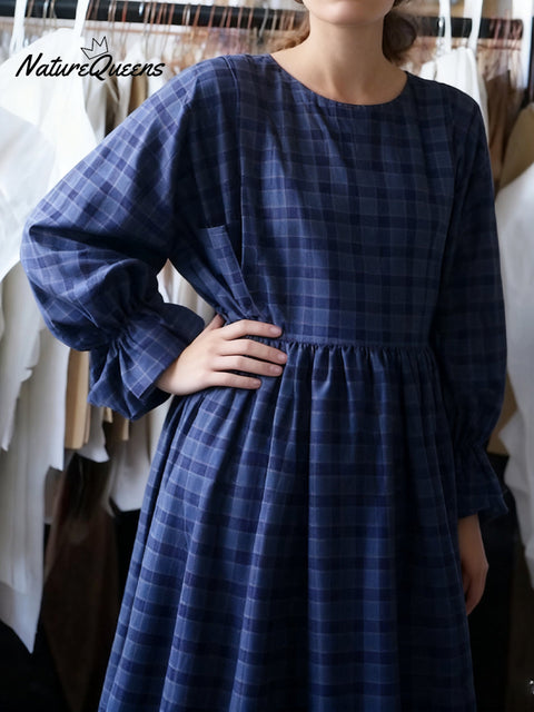Women's Cotton And Linen Plaid Lantern Sleeve Dress