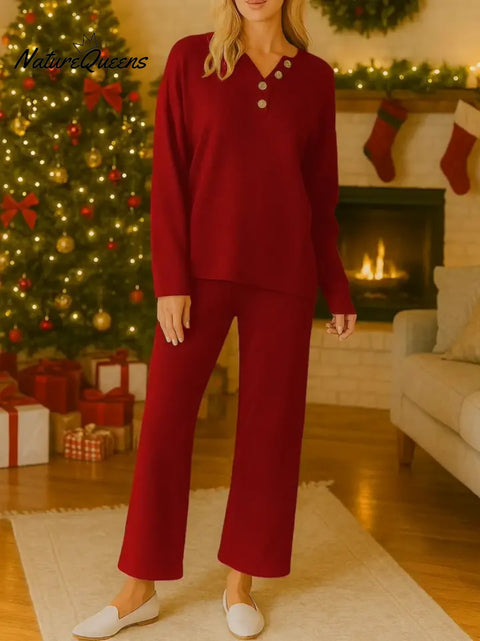 Women's Solid Color V-Neck Long Sleeve Casual Loose Sweatshirt and High-Waisted Wide-Leg Pants Set