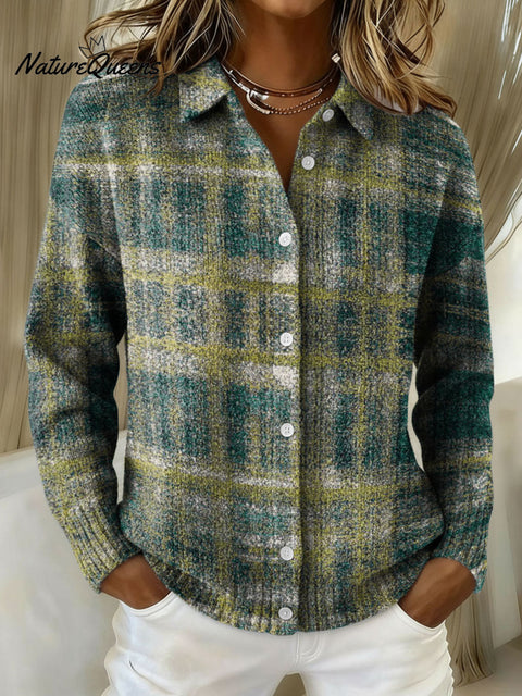 Geometric distressed checkered decorative pattern Casual Shirt Collar Sweater
