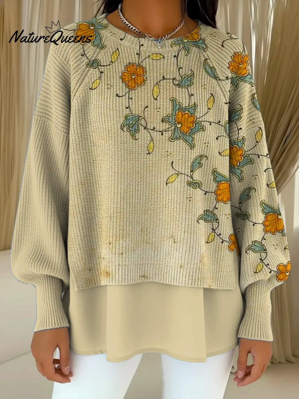 Women's Floral Pattern Art Print Casual Knitted Sweater