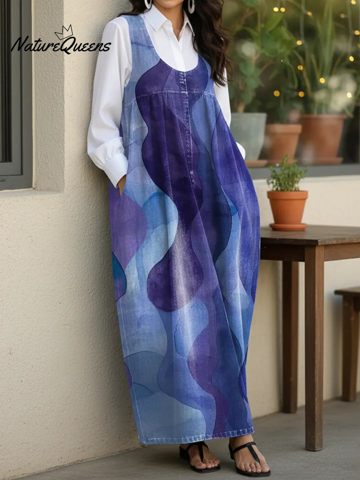 Women's Vintage Abstract Pattern Casual Loose Denim Vest Dress