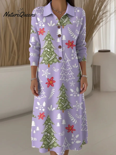 Women's Christmas Tree Pattern Art Print Casual Knitted Dress