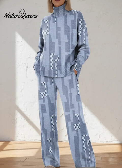 Women's Abstract Geometry Art Print Casual Knitted Cotton Top Pants Suit