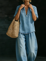 Minimalist Cozy Short-sleeved Top Wide-leg Jeans Denim Set