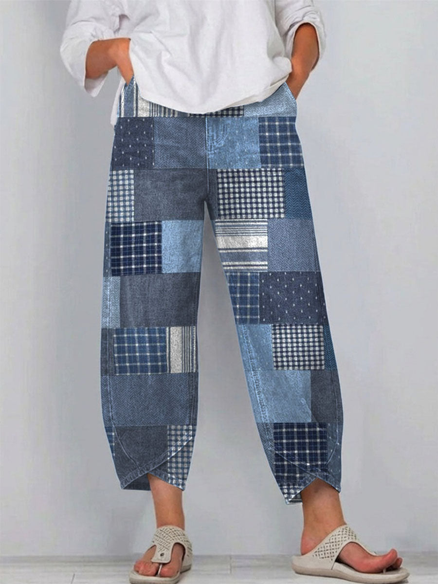 Women's Vintage Splicing Pattern Art Prints Casual Denim Cotton Pants $49.99