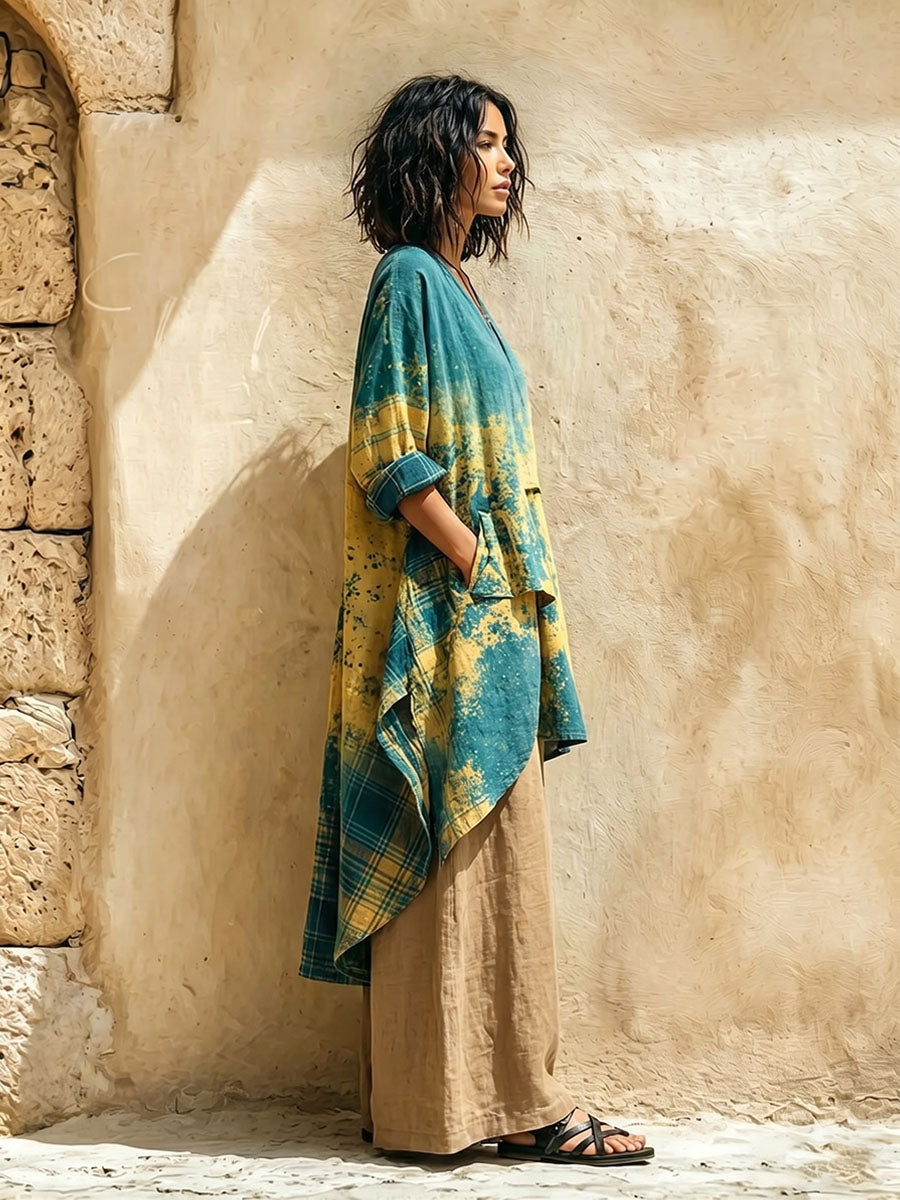 Women's Retro Gradient Print Cotton-linen Two-piece Set