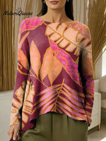 Women's Flowers Colorful Round Neck Casual Print Long-sleeved Ruched T-shirt