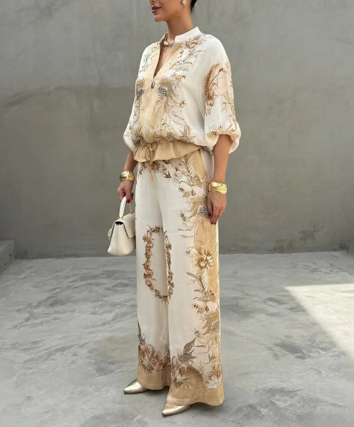 Stylish & Casual Retro-print Two-piece Set: Zip-up Top And Pants