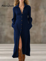 Women's Solid Color Shirt Collar Long Sleeve Casual Loose A-line Knit Dress