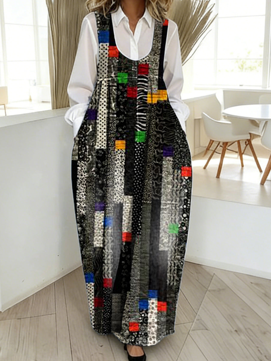 Women's Retro Geometric Art Print Casual Loose Denim Vest Dress