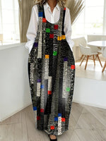 Women's Retro Geometric Art Print Casual Loose Denim Vest Dress